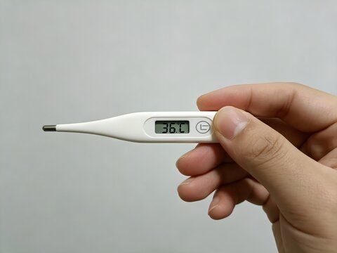 Hand holding a digital thermometer showing normal body temperature