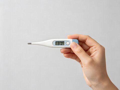 Hand holding digital thermometer showing high body temperature