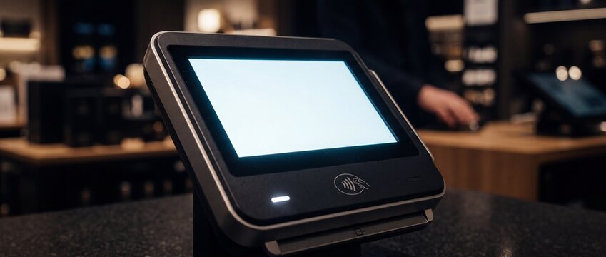 Modern electronic point of sale terminal with blank touch screen and contactless payment sensor stands on dark counter at retail store