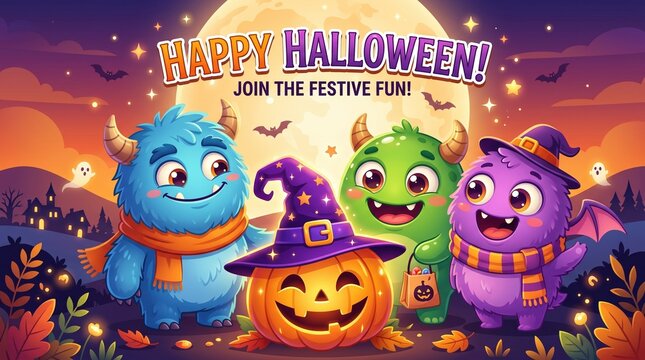 Cartoon monsters in costumes smile by a carved pumpkin under a full moon with bats and spooky houses; text reads &ldquo;HAPPY HALLOWEEN! JOIN THE FESTIVE FUN!&rdquo;