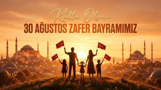 30 Agustos Zafer Bayramimiz Kutlu Olsun banner with family holding Turkish flags in front of Istanbul skyline