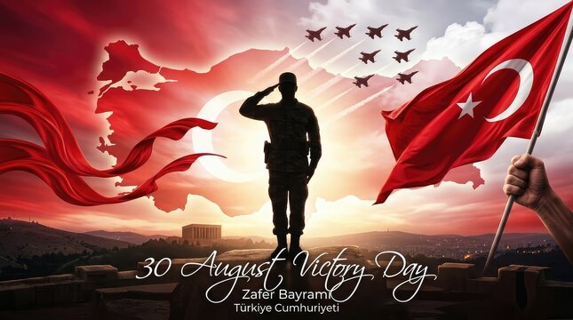 30 August Victory Day Turkey banner with saluting soldier silhouette and military jet airshow