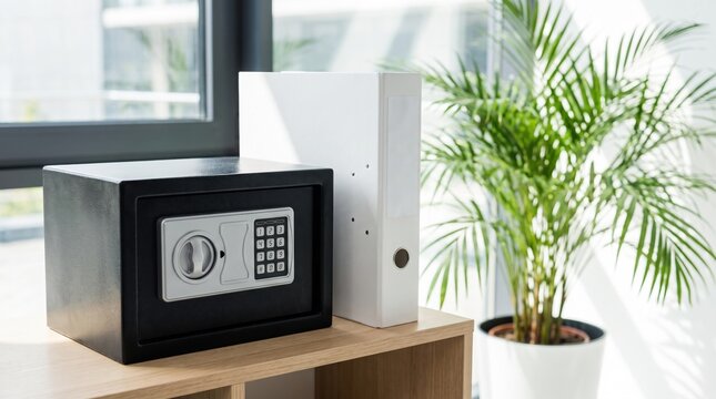 Black electronic safe with keypad and dial sits on wooden cabinet beside a white binder. Sunlit window and potted palm create a bright office atmosphere