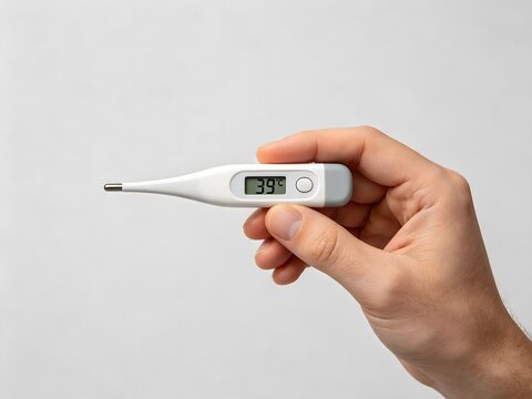 Hand holding digital thermometer showing high fever temperature
