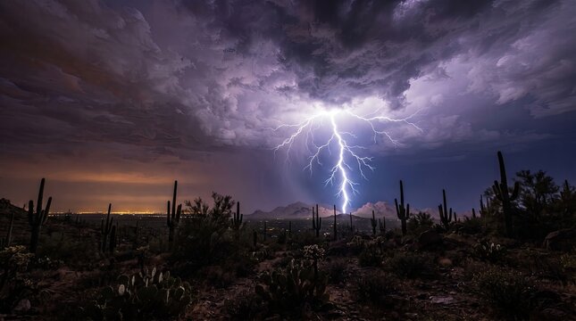 Dramatic lightning bolt striking the desert landscape during a dark stormy night with saguaro cacti silhouettes