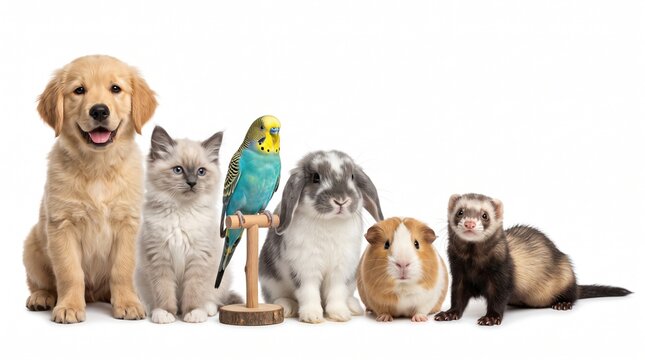 Group of cute pets lined up: young retriever dog, fluffy kitten, small parakeet on a perch, lop-eared rabbit, guinea pig, and ferret