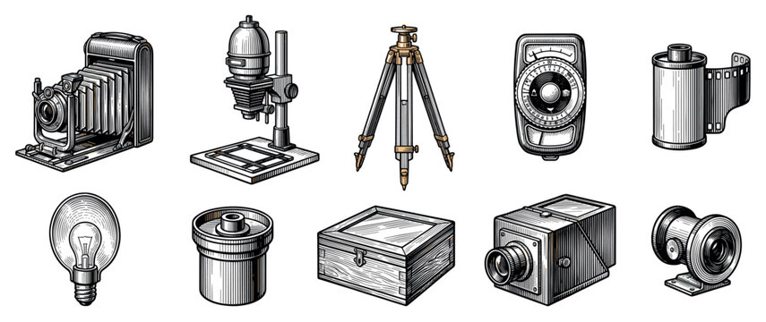 Vintage photography equipment icons set. Retro photo studio and camera concept. Includes folding camera, enlarger, tripod, light meter, film roll, light bulb, film canister, wooden box, box