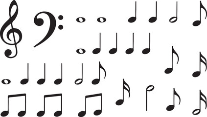 Fototapeta premium Black music notes vector set, classic musical notation symbols, treble and bass clef icons for song sheets and education