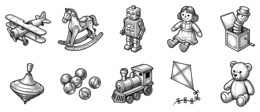 Classic toy icons set. Childhood play and nostalgia concept. Includes airplane, rocking horse, robot, rag doll, jack-in-the-box, spinning top, marbles, train, kite, teddy bear. Hand-drawn