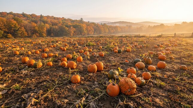 Pumpkin patch field at sunset autumn harvest landscape seasonal background warm light glowing countryside view