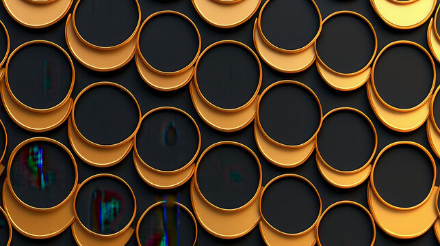 Geometric pattern of gold circular shapes on dark background creates modern and stylish visual effect