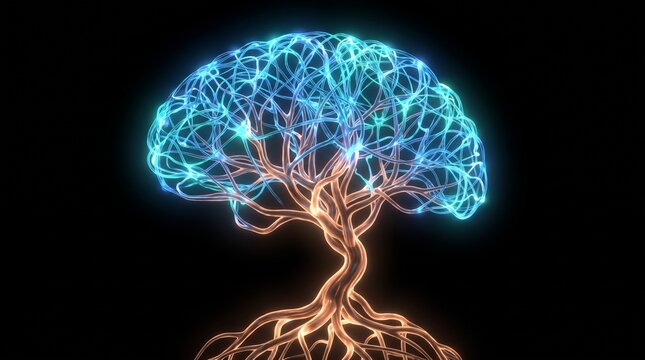 Glowing brain tree structure representing neural network connectivity and human intelligence.