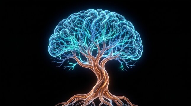 Glowing brain tree structure representing human intelligence and neural network connectivity.