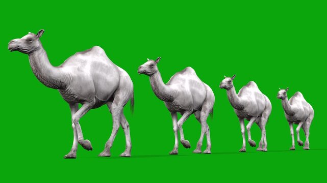 4k four albino camel train walk cycle loop front view animation on isolated Green Screen Animal, 3D realistic white kohi camel caravan walk rendering on the chroma key