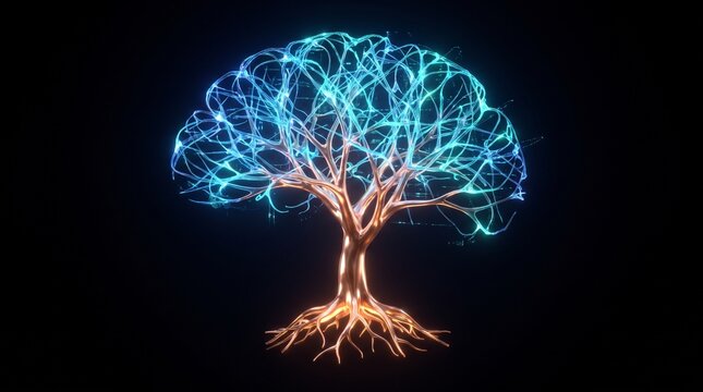Glowing brain tree structure representing neural networks and human intelligence concept.
