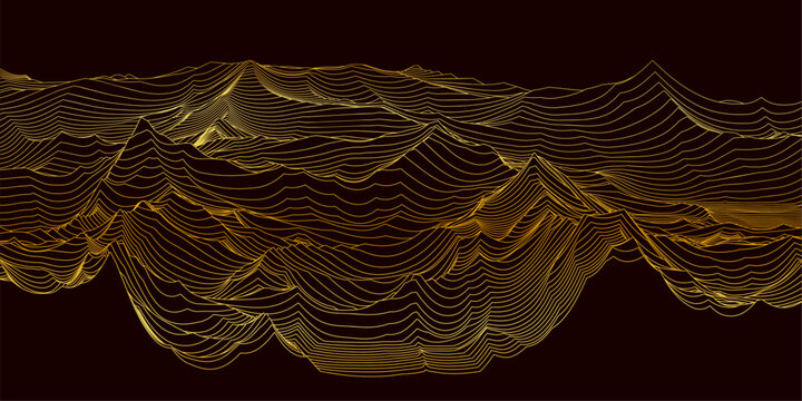 Golden wireframe grid abstract mountains topography