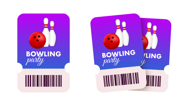Bowling party admission ticket with ball and pins