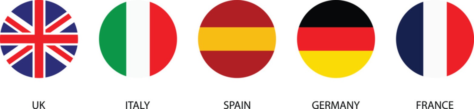 European national flag circle icon collection featuring United Kingdom, Italy, Spain, Germany and France with country labels, flat vector illustration isolated on white background for travel and geogr