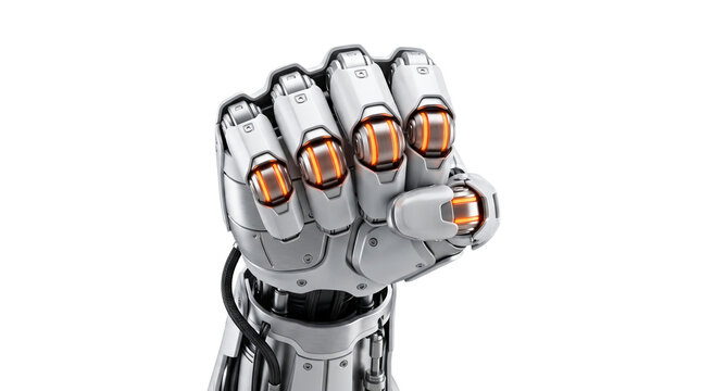 Futuristic robotic fist with glowing orange sensors, white mechanical cyborg hand, high-tech bionic arm for gaming and sci-fi concepts isolated PNG with Transparent Background
