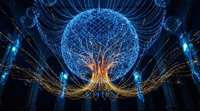 Glowing blue energy sphere with golden light filaments in a dark abstract digital space.