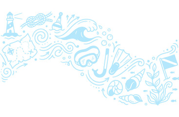 Fototapeta premium Beach Souvenir Hand Drawn Doodle Collection, Coastal Travel Elements Vector Illustration
