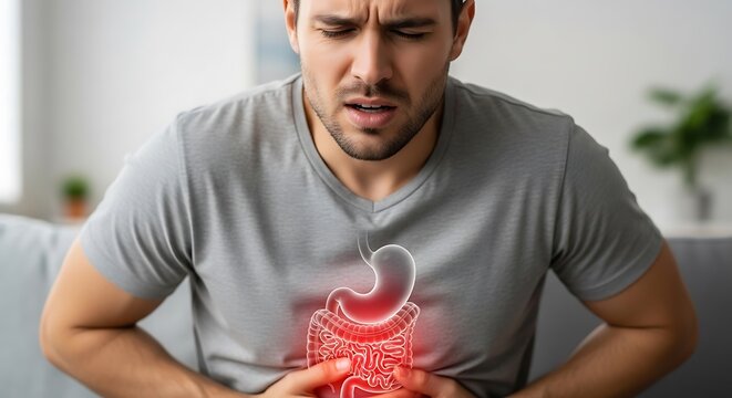A man experiencing severe stomach pain or digestive issues, with a glowing red overlay highlighting his internal organs.