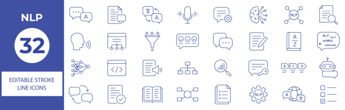 32 NLP Vector Outline Icons Set &ndash; Natural Language Processing, AI, Chatbot, Speech Recognition and Machine Learning Line Symbols Collection