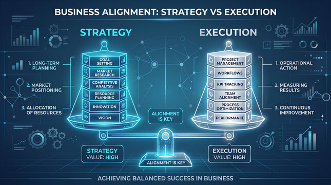 Digital infographic showing strategy and execution balance for business loans and finance advisory services with glowing data charts and network diagrams