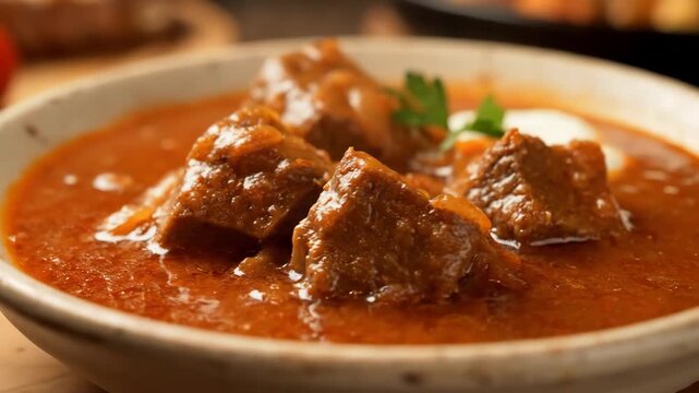 Close-up of Rich and Hearty Beef Goulash Stew Served in a Rustic Bowl. Traditional European Winter Comfort Food Dish with Tender Meat and Paprika Sauce.