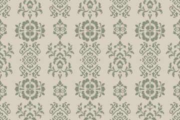 Green Damask Motif Pattern Stock Illustration. Seamless French Fleur De Lis Floral Lace Ornament. Subtle Elegant Classic Royal Wallpaper Grid. Clean Minimalist Bohemian Backdrop Graphic. © supachai