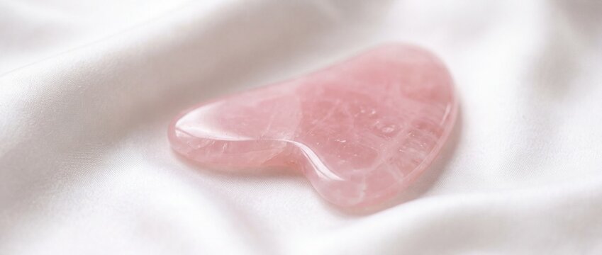 Rose quartz gua sha stone on white silk background provides traditional chinese massage therapy for natural facial lifting and detox