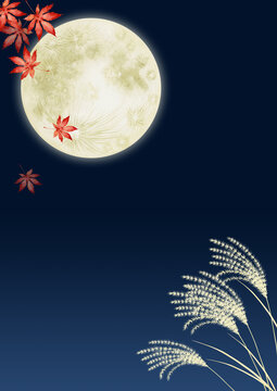 十五夜 お月見　縦背景 夜空 もみじ　水彩 イラスト