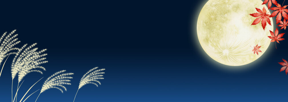 十五夜 お月見　背景 夜空 もみじ　水彩 イラスト