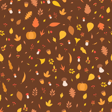 Seamless pattern packed with scattered autumn foliage, forest finds, and harvest motifs on a deep warm backdrop