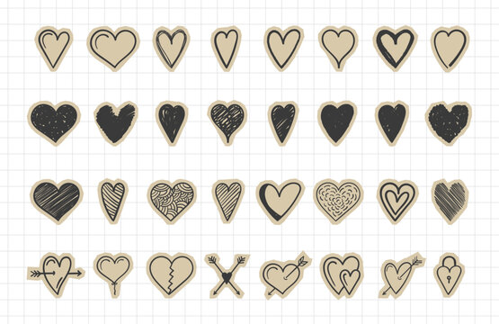 Collection of hand-drawn heart doodle sticker elements in scrapbook style