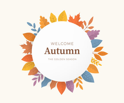 Autumn banner with circular wreath frame composed of autumn leaves in various shapes surrounds a central white circle