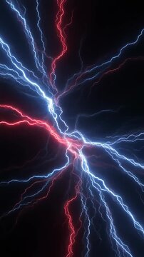 Cinematic 3D scene of chaotic blue and red lightning bolts surging through darkness. Electri 