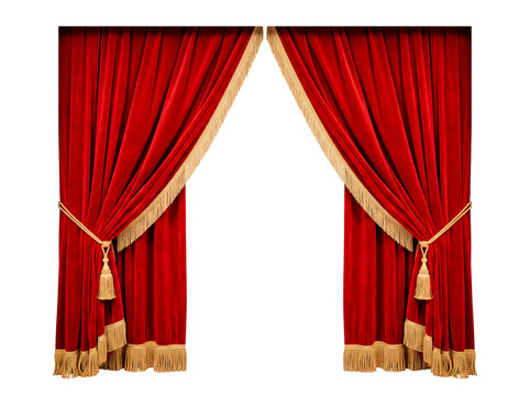 Red velvet theater curtains parted with gold fringe isolated on white background
