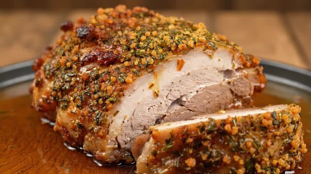 Close-up of a perfectly roasted meat joint, sliced and topped with a crispy golden herb and spice crust, dripping with savory sauce, ready for serving.