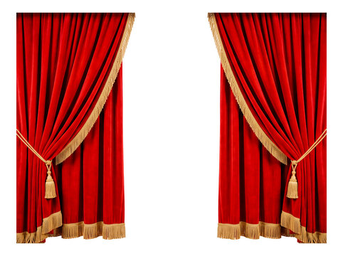 Red velvet theater curtains parted with gold fringe isolated on white background