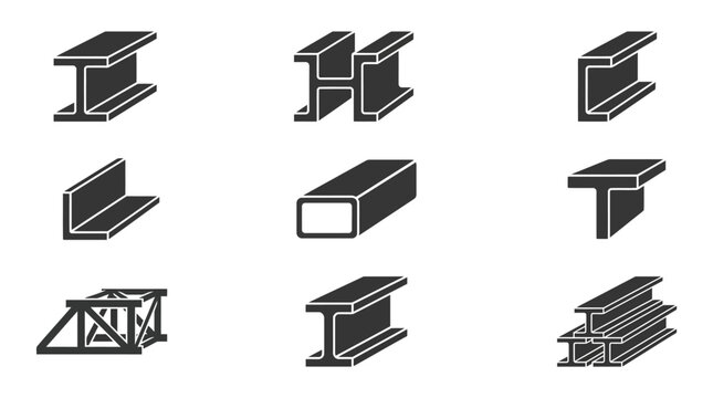 Structural steel beam and girder icons including I-beams, angles, and trusses.