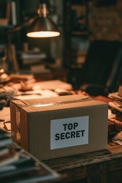 Cardboard box labeled top secret on a desk
