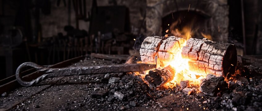 Forged iron blowpipe resting on dark anvil next to glowing wood log burning in historic workshop with dramatic sparks and deep shadows