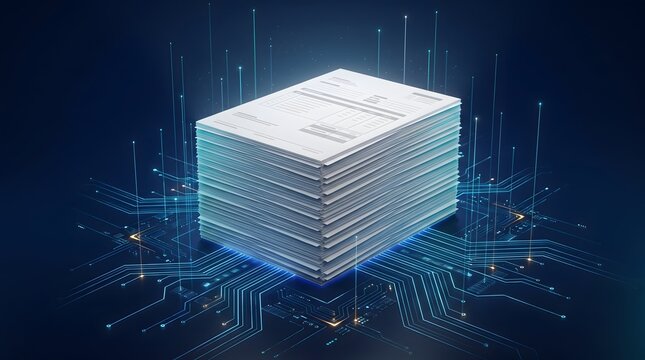 Enterprise document processing showing physical paper stack integrating with glowing blue digital circuit network