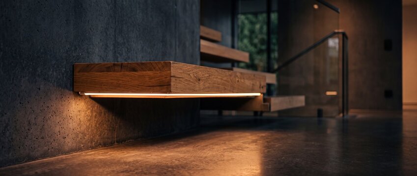 Floating wooden staircase step illuminated by warm integrated led light bar casts a soft glow on a dark textured concrete wall