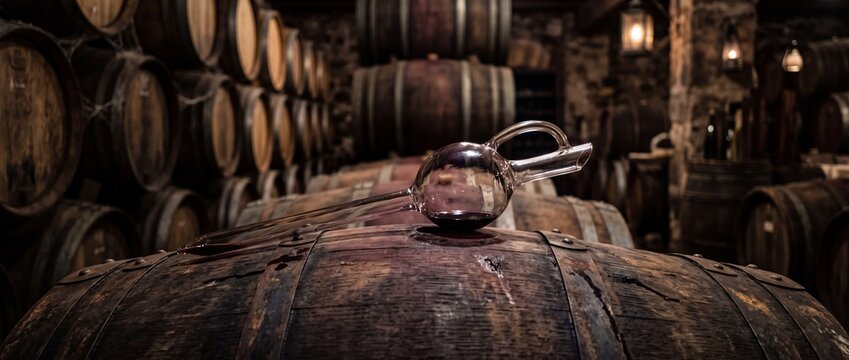 Glass wine thief sitting atop old wooden barrel inside dark cellar with aged casks for testing beverage maturity in traditional winery