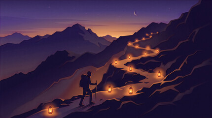 Fototapeta premium Hiker silhouette following glowing lanterns up mountain path guided journey concept vector illustration