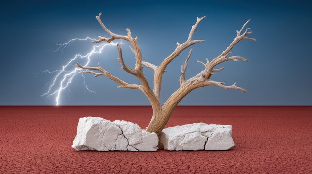 Gnarled skeletal tree on cracked desert ground with lightning