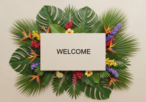 Tropical Welcome Signage Surrounded by Lush Foliage and Vibrant Flowers