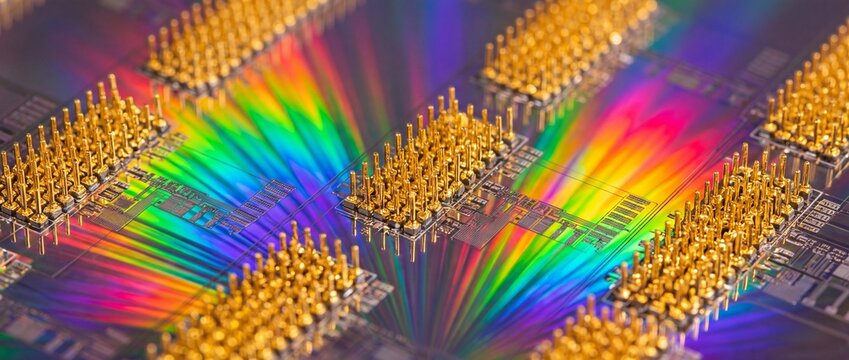 Quantum computing processor featuring gold electrical contacts and rainbow light diffraction for advanced data processing technology